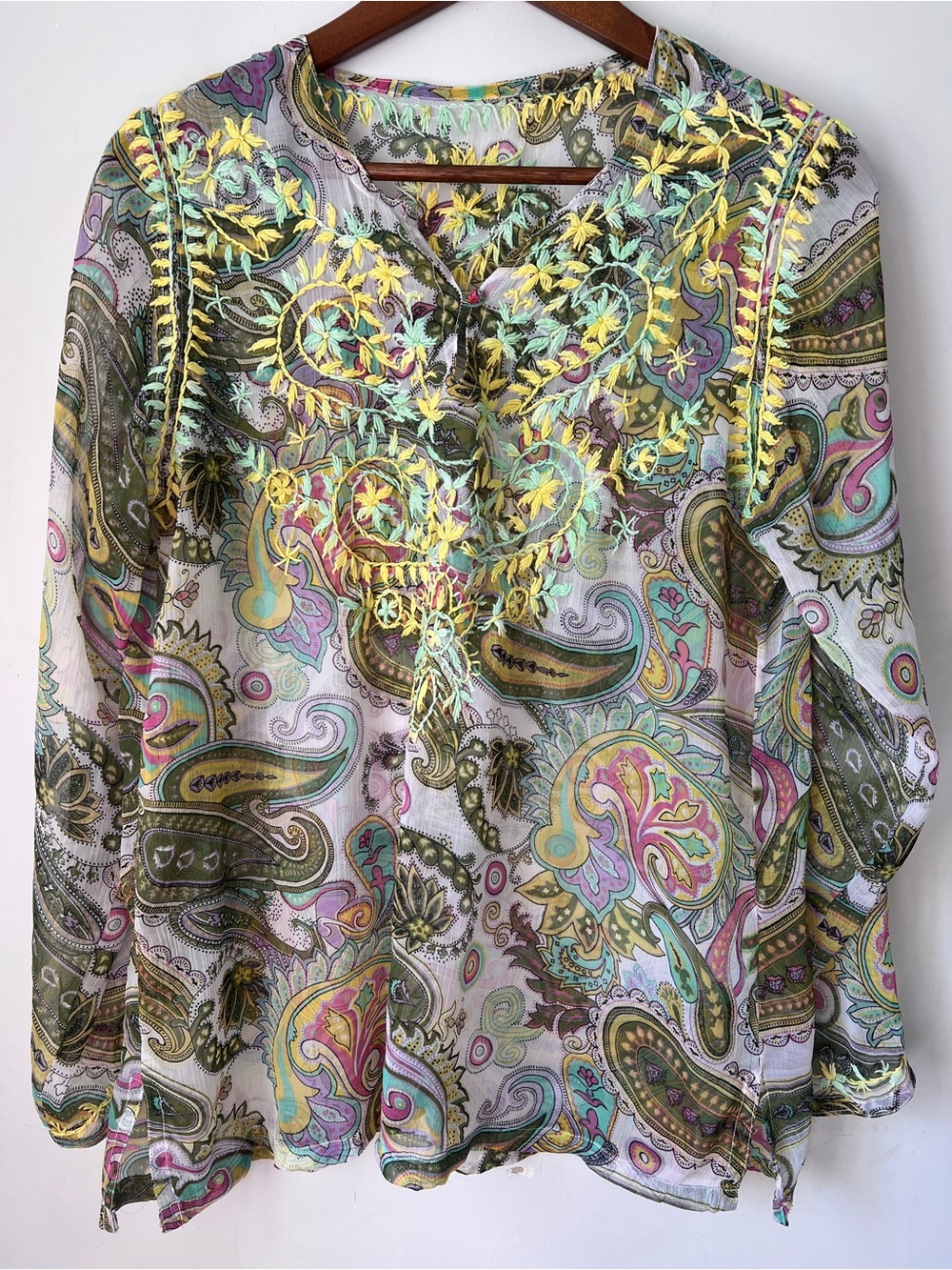 Paisley Embroidered Sheer Tunic Top in Yellow & Multicolor